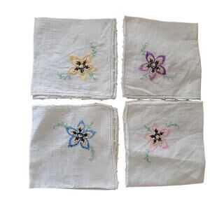 Unknown Napkins Unisex 10in White Vintage MCM Hand Embroidered Floral Linen 4pc